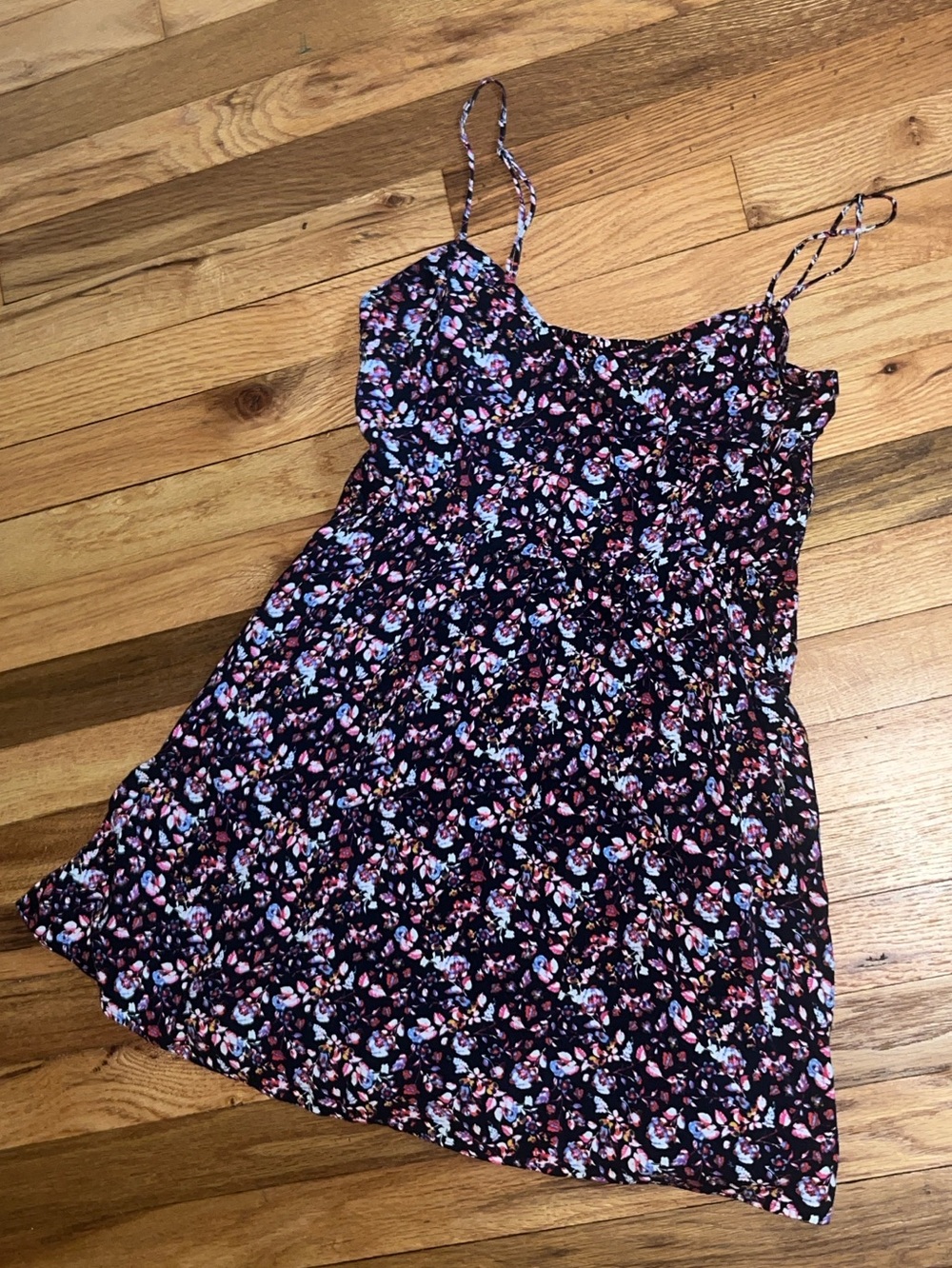 Express Black Floral Mini Dress with Pink & Blue Accents- with pockets